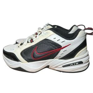 Nike Air monarch full length standard width D size 8.5. Black/white red swoosh